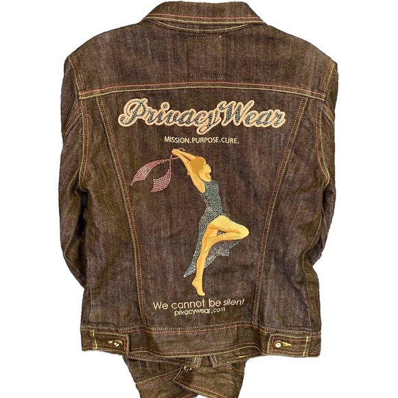 Privacy Wear Breast Cancer Awareness Ribbon Denim Jacket Womens Sz Med Sequins - Picture 2 of 12